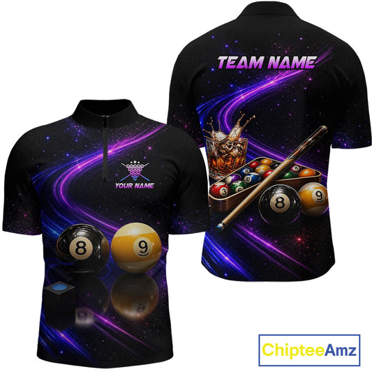 Black short-sleeve quarter-zip polo shirt shown from front and back with a galaxy pool-themed print. The front features a purple and blue cosmic swirl design with billiard balls and placeholder text reading 'YOUR NAME'.
