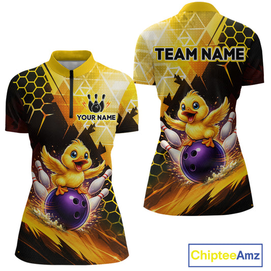 Custom Funny Duck Bowling Team Shirt for Women Yellow Bowling League Jersey Polo & 1/4 Bowling Outfit QZT958
