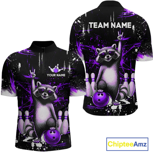 Custom Purple Funny Raccoon Bowling Shirt for Men Bowling Jersey Polo & 1/4-Zip Bowling Outfit QZT892