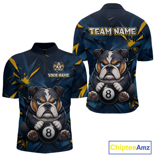 Blue and yellow short-sleeve quarter-zip jersey shown from front and back with a funny bulldog print holding an 8-ball, and customizable text areas including 'TEAM NAME' and 'YOUR NAME'.