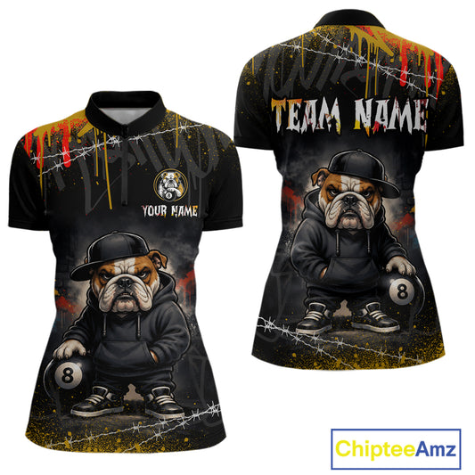 Front and back views of a women's short-sleeve quarter-zip jerseys with a custom funny hip hop bulldog graphic design. The shirt features a bulldog holding an 8-ball on the front, and 'YOUR NAME' with placeholder text on the front, 'TEAM NAME' with placeholder text on the back.