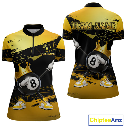 Front and back view custom black and gold geometric crown 8 ball billiard quarter-zip shirt featuring personalized team name design