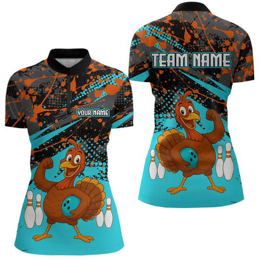 Turquoise Funny Turkey Bowling Team Shirt for Women Bowling Jersey Thanksgiving Bowling Outfit QZT776
