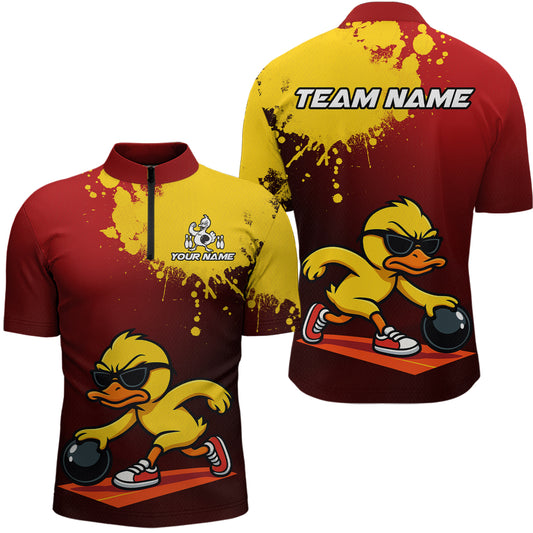 Custom Funny Duck Bowling Shirt for Men Red & Yellow Bowling Jersey Polo & 1/4 Zip QZT791