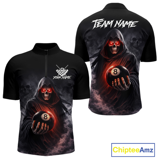 Custom Grim Reaper Billiard Shirts for Men 8 Ball Pool Shirt Polo & Quarter-Zip Billiard Jersey Unisex BHT7
