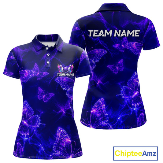 Front and back views of a women's short-sleeve polo shirt featuring a dark navy blue base with a glowing purple and neon butterfly pattern. The front has a small customizable chest graphic with wings and the text 'YOUR NAME', while the back displays 'TEAM NAME'