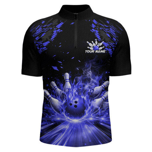Custom Blue Flame Bowling Team Shirt for Men Polo & 1/4-Zip Bowling Jersey Bowling League Uniform QZT866