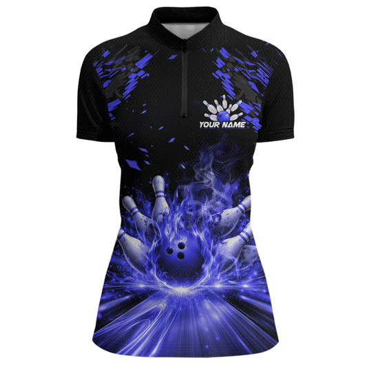 Custom Blue Flame Bowling Team Shirt for Women Polo & 1/4-Zip Bowling Jersey Bowling League Uniform QZT866