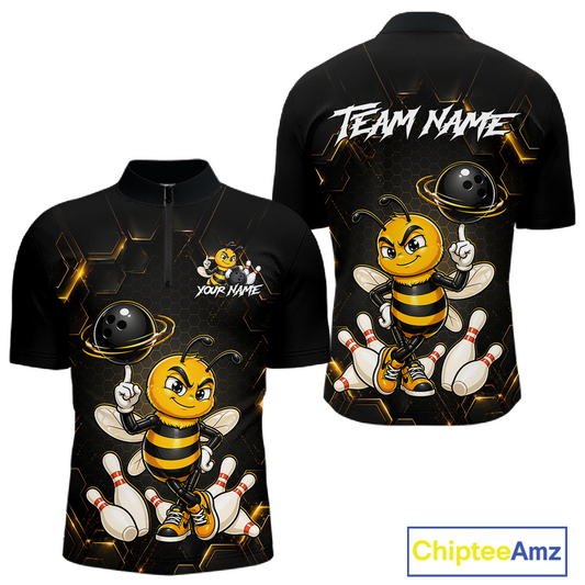 Black & Gold Funny Bee Bowling Shirt for Men Custom Bowling Team Jersey League Polo & Quarter-Zip QZT1008