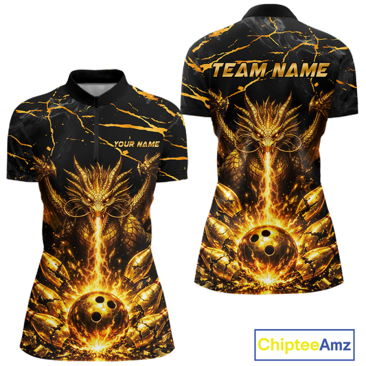 Custom Black and Gold Bowling Shirt Dragon Bowling Jersey League for Women Polo & 1/4-Zip Outfit QZT834