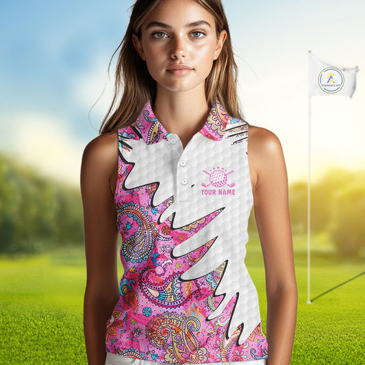 Pink Paisley Pattern Womens Sleeveless Golf Polo Shirt Custom Tropical Golf Attire For Ladies NHN0149