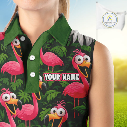 Tropical Flamingo Pattern Womens Sleeveless Golf Polo Shirts Custom Funny Team Ladies Golf Tops NHN0162