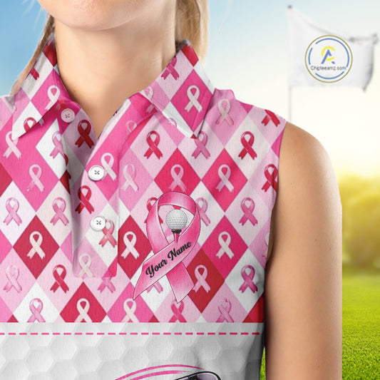 Womens Sleeveless Golf Polo Shirt Custom Flamingo Ribbon Plaid Pattern, Breast Cancer Awareness Golf NHN0177