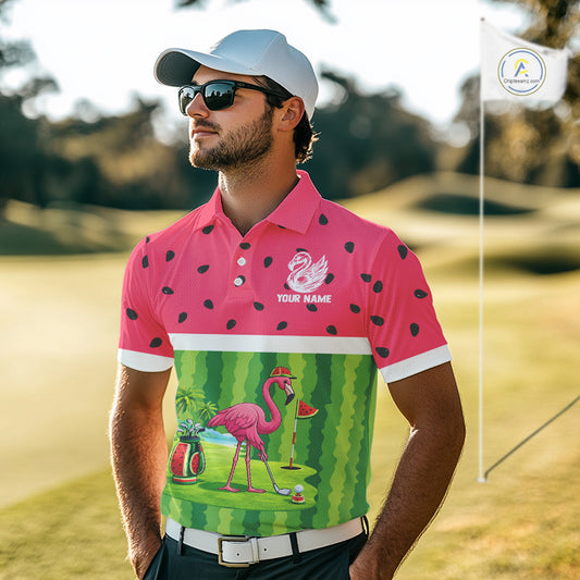 Funny Watermelon Polo Shirt, Mens Golf Polo Shirts Custom Tropical Pattern, Flamingo Golf Shirts NHN0183