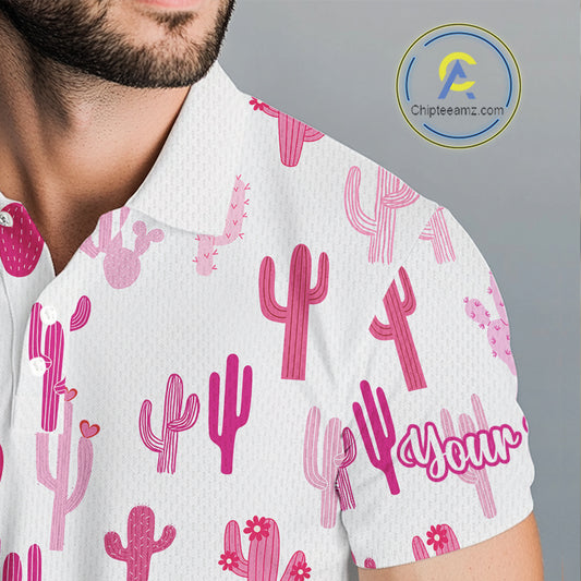Funny Pink Cactus Pattern Mens Golf Polo Shirts Custom Cactus Golf Attire For Men, Golfer Gift NHN0185