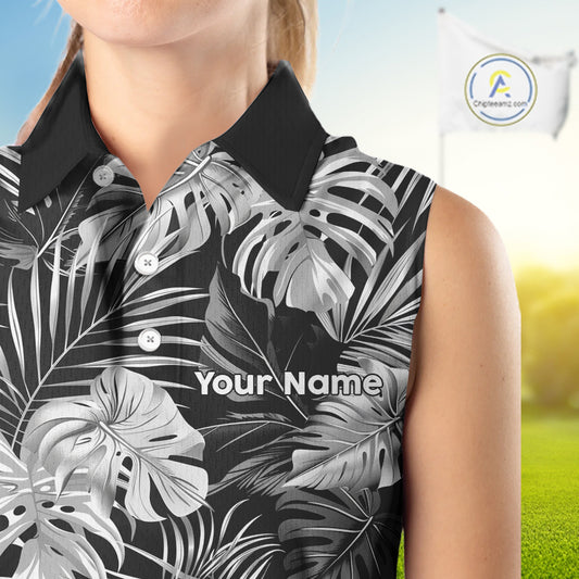 Womens Sleeveless Golf Polo Shirt Retro Floral Pattern Tropical Leaves Custom Team Golf Shirt NHN0190