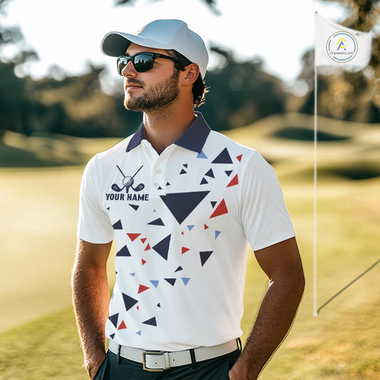 Mens Golf Polo Shirt Custom Orange And Blue Triangle Pattern Team Golf Tops, White Golf Attire NHN0086
