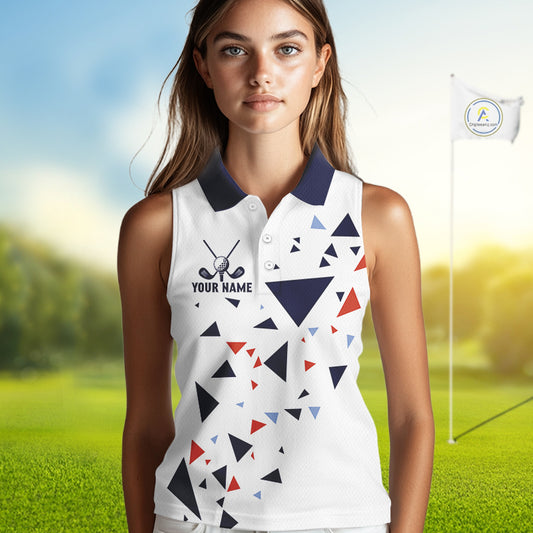 Womens Sleeveless Golf Polo Shirt Custom Orange & Blue Triangle Pattern Team Golf Tops, White Golf Attire NHN0086