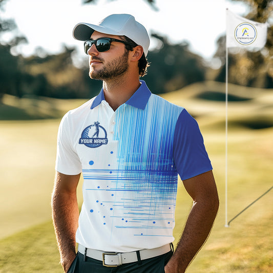 Mens Golf Polo Shirt Custom Blue Pattern Team Golf Tops, White Golf Golf Outfit For Men NHN0087