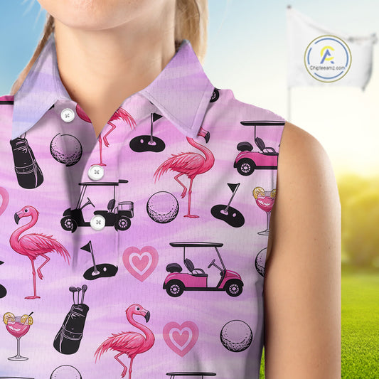 Womens Sleeveless Golf Polo Shirts Custom Funny Flamingo Heart Pattern Team Ladies Golf Top, Golf Gift NHN0176