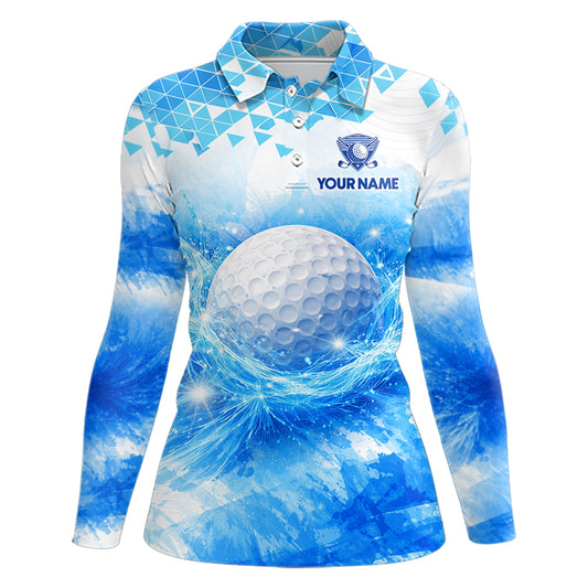 Blue Womens Long Sleeve Golf Polo Shirt Custom Water Splash Pattern With Golf Ball, Team Golf Tops NHN0219