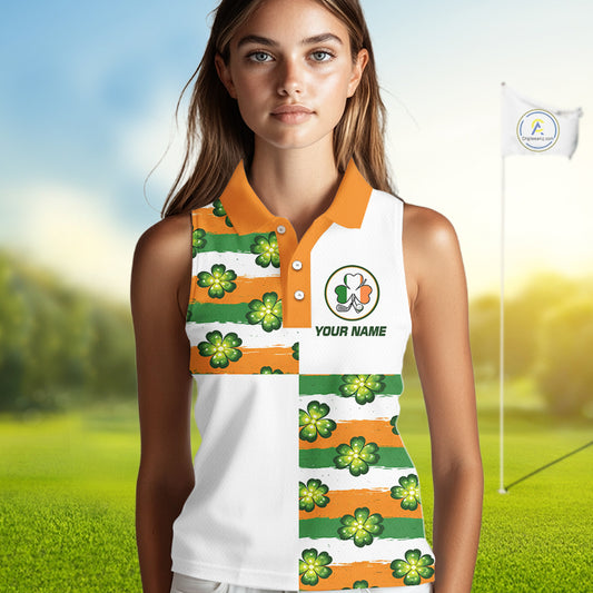 Womens Sleeveless Golf Polo Shirt Custom Ireland Flag St Patricks Day Green Clovers Golf Tops NHN0140