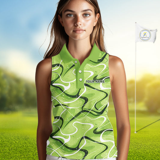 Green And White Womens Sleeveless Golf Polo Shirt Custom Green Camo Golf Tops, Personalized Golf Gifts NHN0111