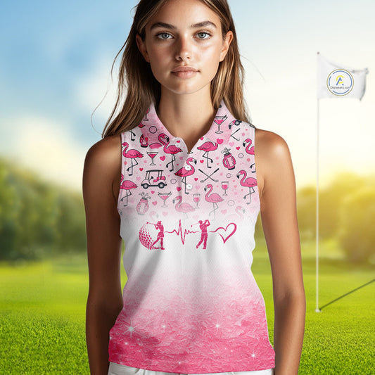 Pink Flamingo Heart Theme Matching Sleeveless Golf Polo Shirt For Couple Custom Couple Valentines Outfit NHN0145