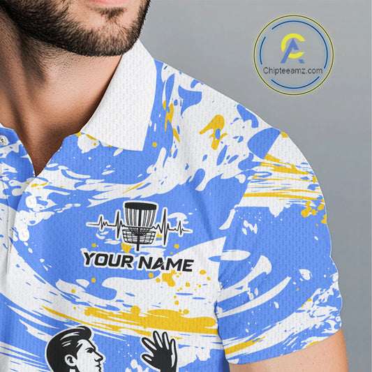 Camo Mens Disc Golf Polo Shirt Custom Name Blue Yellow Disc Golf Basket Apparel Team Disc Golf Outfit NHN0027