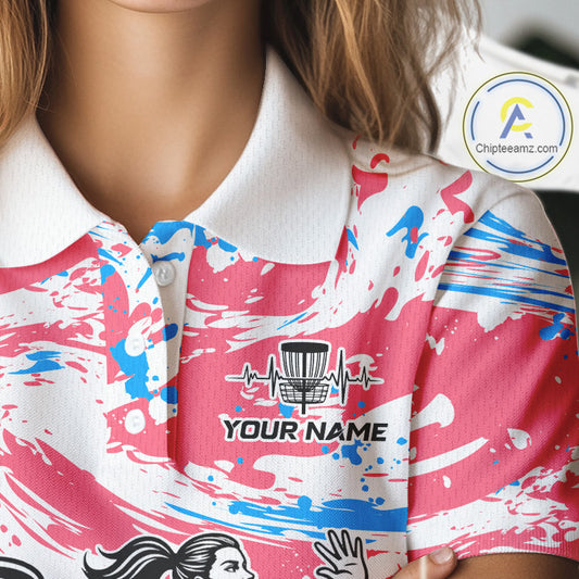 Camo Womens Disc Golf Polo Shirt Custom Name Pink Disc Golf Basket Apparel Team Disc Golf Outfit NHN0027