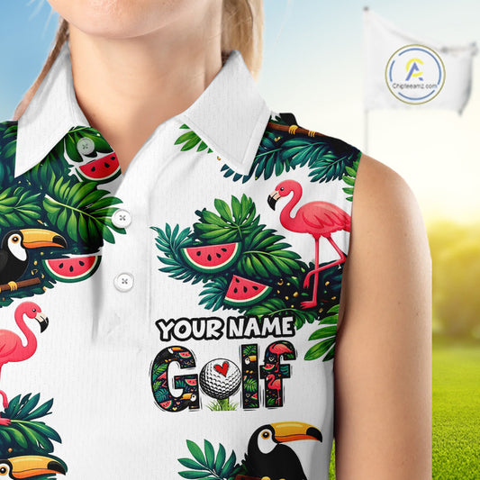 Funny Womens Sleeveless Golf Polo Shirt Custom Tropical Pattern, Flamingo Golf Shirt For Ladies NHN0193