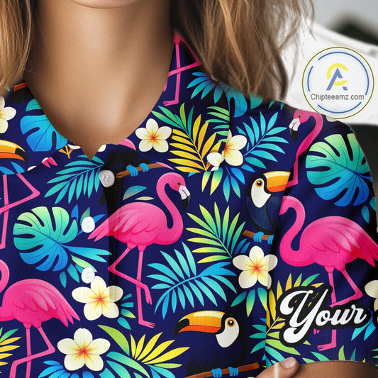 Womens Golf Polo Shirt Flamingo Floral Pattern, Colorful Tropical Leaves Custom Team Golf Shirt NHN0194