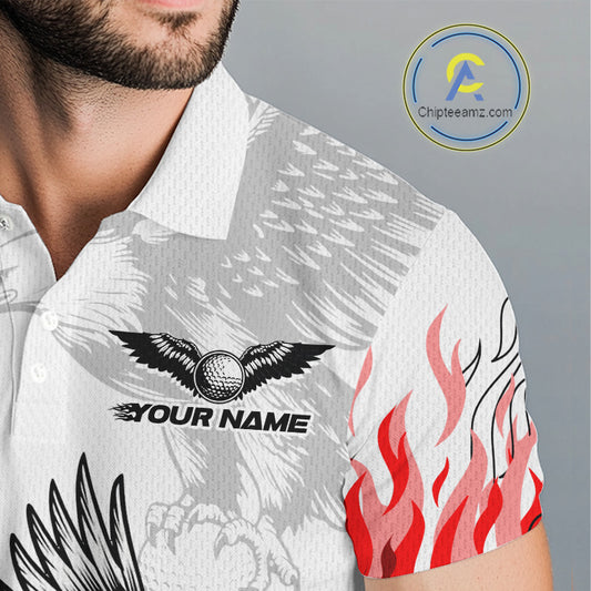 Mens Golf Polo Shirt Custom Eagle Red Flame Team Golf Tops, White Golf Outfit For Men NHN0070