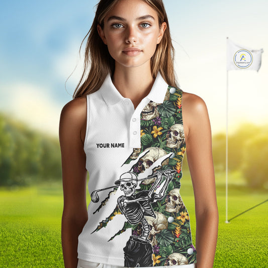 Funny Womens Sleeveless Golf Polo Shirt Custom Tropical Pattern Personalized Skull Golf Shirts NHN0047
