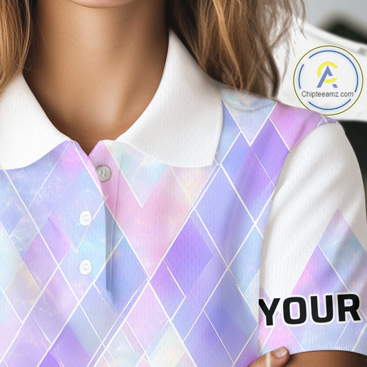 Violet And Blue Square Pattern Womens Golf Polo Shirt Custom Name Golf Tops For Ladies NHN0203