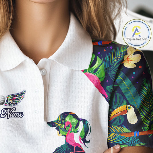 Funny Womens Golf Polo Shirt Custom Floral Tropical Pattern Flamingo Golf Shirts For Ladies NHN0099