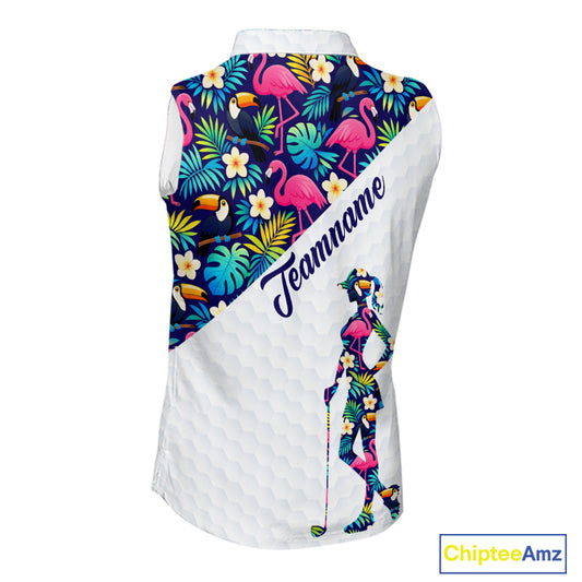 Funny Womens Sleeveless Golf Polo Shirt Custom Toucan Tropical Pattern, Flamingo Golf Shirt For Ladies NHN0192