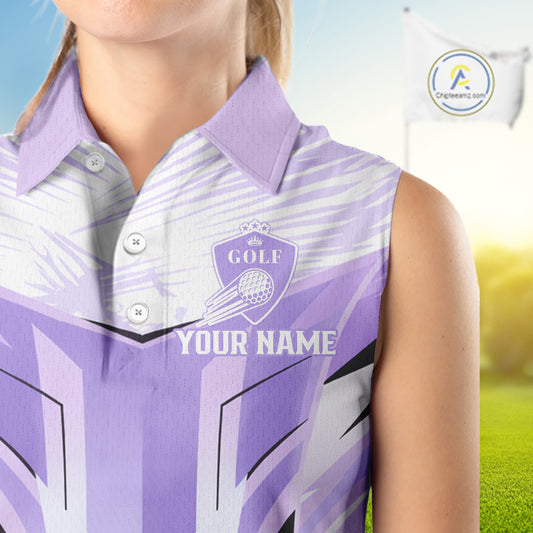 Womens Sleeveless Golf Polo Shirt Purple Geometric Pattern Custom Team Ladies Golf Tops, Golf Gifts NHN0199