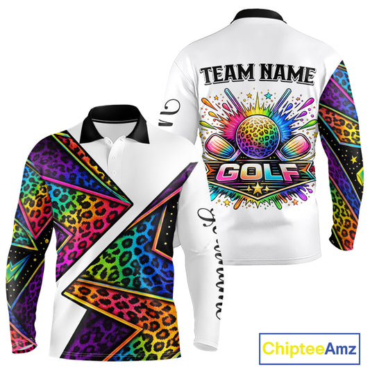 Rainbow Long Sleeve Golf Polo Shirt Leopard Print Pattern Custom Golf Ball Team Golf Tops, Golf Gifts NHN0226