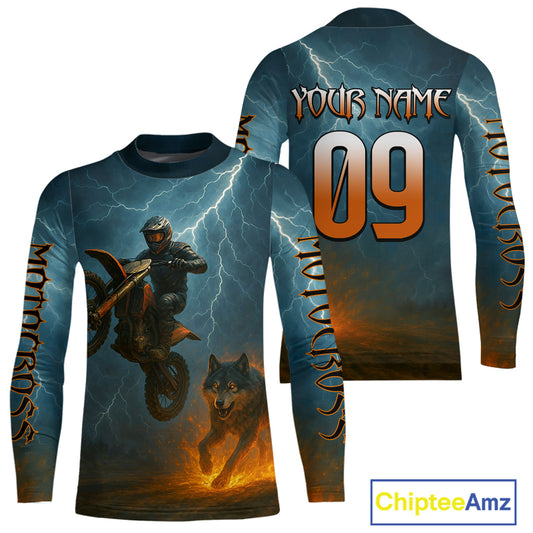 Lightning Wolf Motocross Jersey Custom Flaming Wolf Dirt Bike Shirts for Men Kid Women XM403