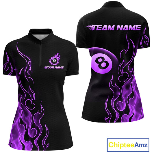Front and back billiards quarter zip shirt featuring an eight ball design surrounded by flowing purple flame graphics on a black background.