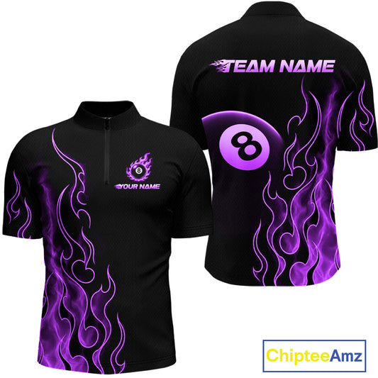 Front and back billiards quarter zip shirt featuring an eight ball design surrounded by flowing purple flame graphics on a black background.