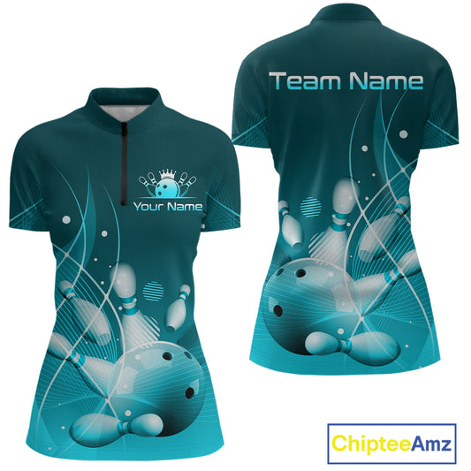 Custom Turquoise Bowling Jersey for Women Bowling Uniform Bowling Team Shirts Polo & 1/4 Zip HNT168