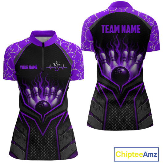 Black and purple bowling jersey with 'Team Name' and 'Your Name' text on a white background.