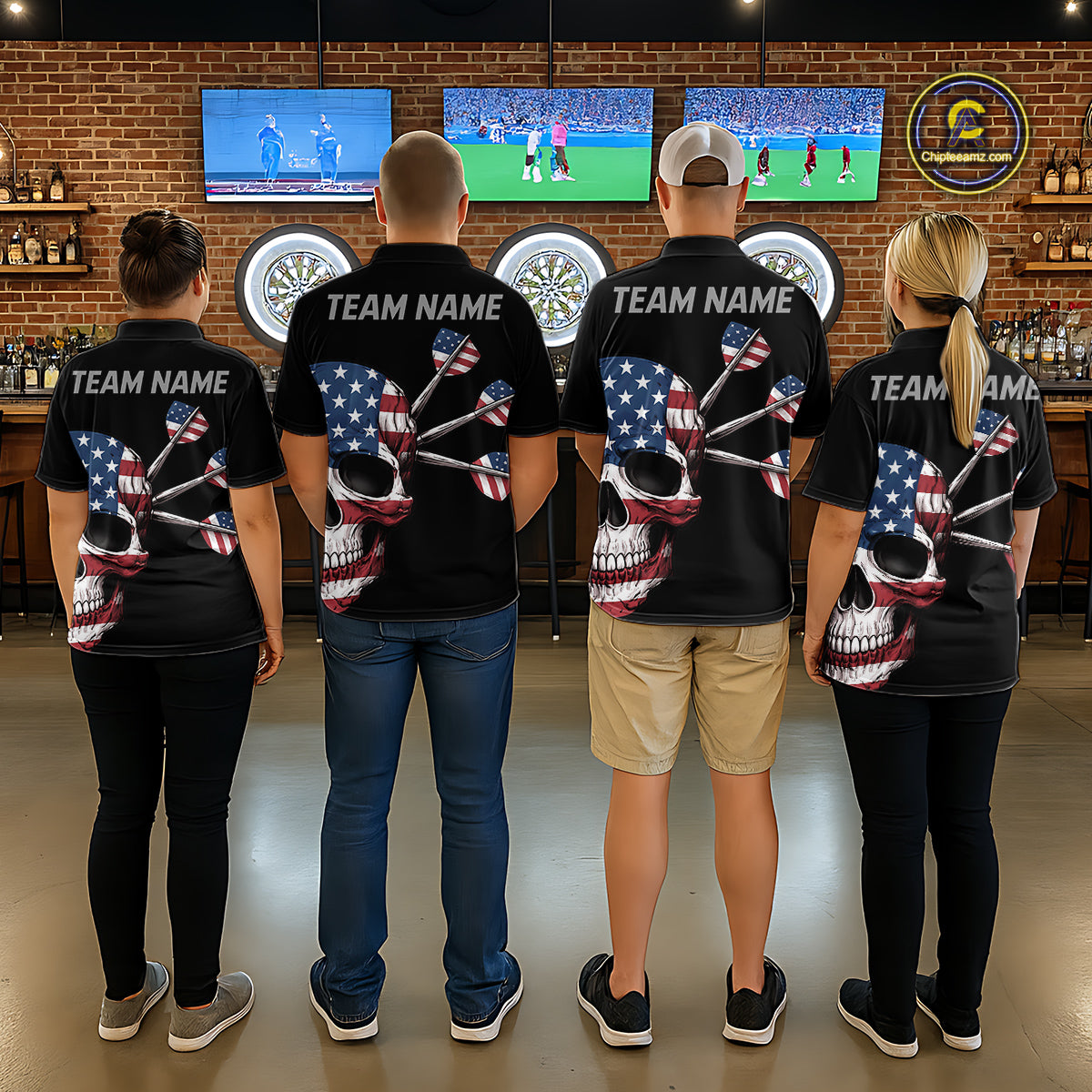 Custom Skull US Flag Dart Shirts For Men Dart Board Shirts Polo & 1/4 Zip Dart Jersey Team NNT127