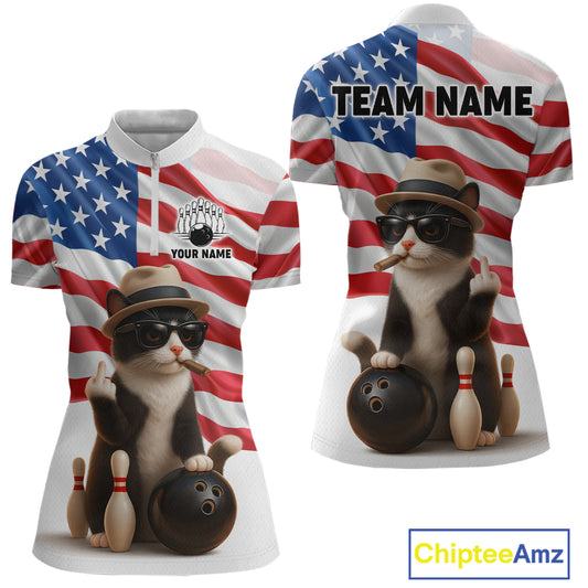 Custom US Flag Funny Cat Bowling Jersey for Women Bowling Uniform Bowling Team Shirts HNT127
