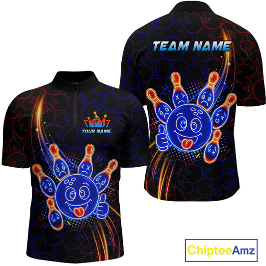 Front and back views of a black bowling quater zip shirt with neon blue and orange cartoon bowling ball and pin graphics, plus custom team name and player name text.