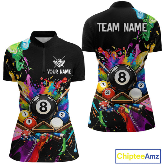 Colorful polo shirt with pool ball design on a black background, featuring 'Chiptee Amz' branding.