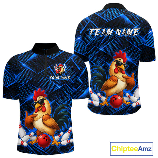 Front and back views of a blue and black bowling quarter zip shirt featuring a cool rooster mascot wearing sunglasses, a red bowling ball, bowling pins, and custom team text.