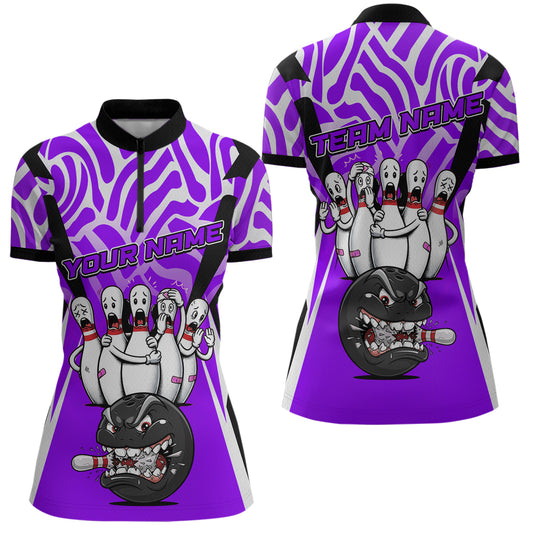 Custom Purple Funny Bowling Jersey for Women Bowling Team Shirts Bowling League Polo & 1/4 Zip HNT155